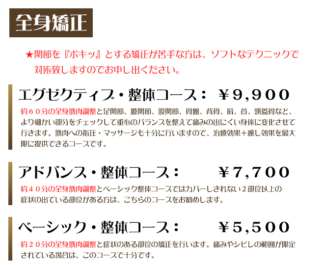 全身矯正★関節を『ポキッ』とする矯正が苦手な方は、ソフトなテクニックで対応致しますのでお申し出ください。エグゼクティブ・整体コース：￥9,900　約60分の全身筋肉調整と足関節、膝関節、股関節、骨盤、背骨、肩、首、頭蓋骨など、より細かい部分をチェックして重心のバランスを整えて痛みの出にくい身体に変化させて行きます。筋肉への指圧・マッサージも十分に行いますので、治療効果+癒し効果を最大限に提供できるコースです。　アドバンス・整体コース：￥7,700　約40分の全身筋肉調整とベーシック整体コースではカバーしきれない2部位異常の症状の出ている部位がある方は、こちらのコースをお勧めします。　ベーシック・整体コース：￥5,500　約20分の全身筋肉調整と症状のある部位の矯正を行います。痛みやシビレの範囲が限定されている場合は、このコースで十分です。