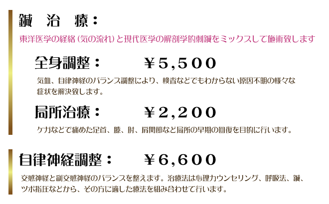 鍼治療：東洋医学の経絡（気の流れ）と現代医学の解剖学的刺鍼をミックスして施術いたします。　全身調整：￥5,500　気血、自律神経のバランス調整により、検査などでもわからない原因不明の様々な症状を解決いたします。局所治療：￥2,200　ケガなどで痛めた足首、膝、肘、肩関節などの局所の早期の回復を目的に行います。　自律神経調整：￥6,600　交感神経と副交感神経のバランスを整えます。治療法は心理カウンセリング、呼吸法、鍼、ツボ指圧などから、その方に適した療法を組み合わせて行います。