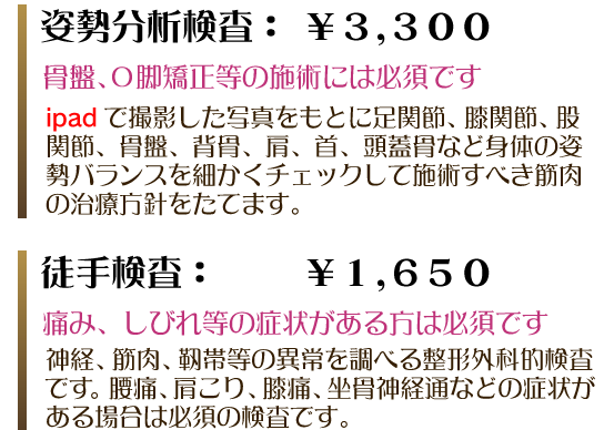 姿勢分析検査：￥3,300　骨盤、Ｏ脚矯正等の施術には必須です。ipadで撮影した写真をもとに足関節、膝関節、股関節、骨盤、背骨、肩、首、頭蓋骨など身体の姿勢バランスを細かくチェックして施術すべき筋肉の治療方針をたてます。徒手検査：￥1,650　痛み、しびれ等の症状がある方は必須です。神経、筋肉、靭帯等の以上を調べる整形外科的検査です。腰痛、肩こり、膝痛、坐骨神経痛などの症状がある場合は必須の検査です。