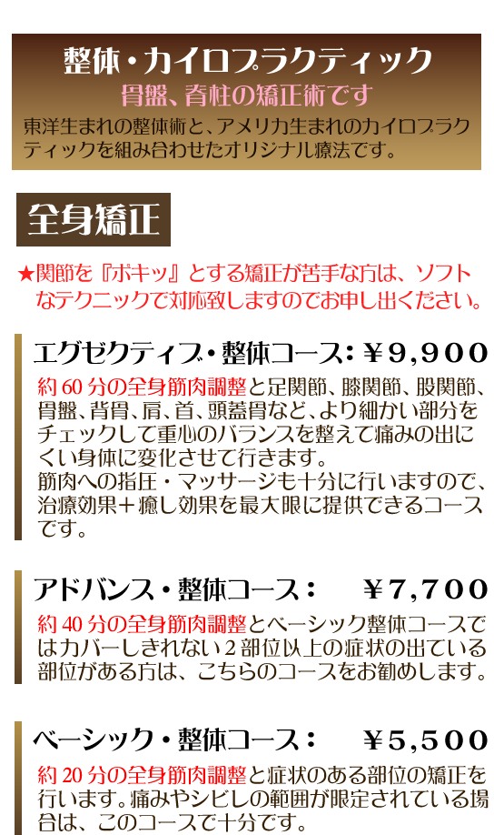 "整体・カイロプラクティック：骨盤、脊柱の矯正術です。東洋生まれの整体術と、アメリカ生まれのカイロプラクティックを組み合わせたオリジナル療法です。全身矯正★関節を『ポキッ』とする矯正が苦手な方は、ソフトなテクニックで対応致しますのでお申し出ください。エグゼクティブ・整体コース：￥9,900　約60分の全身筋肉調整と足関節、膝関節、股関節、骨盤、背骨、肩、首、頭蓋骨など、より細かい部分をチェックして重心のバランスを整えて痛みの出にくい身体に変化させて行きます。筋肉への指圧・マッサージも十分に行いますので、治療効果+癒し効果を最大限に提供できるコースです。　アドバンス・整体コース：￥7,700　約40分の全身筋肉調整とベーシック整体コースではカバーしきれない2部位異常の症状の出ている部位がある方は、こちらのコースをお勧めします。　ベーシック・整体コース：￥5,500　約20分の全身筋肉調整と症状のある部位の矯正を行います。痛みやシビレの範囲が限定されている場合は、このコースで十分です。