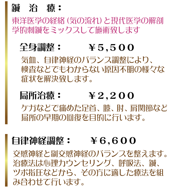 鍼治療：東洋医学の経絡（気の流れ）と現代医学の解剖学的刺鍼をミックスして施術いたします。　全身調整：\5,500　気血、自律神経のバランス調整により、検査などでもわからない原因不明の様々な症状を解決いたします。局所治療：\2,200　ケガなどで痛めた足首、膝、肘、肩関節などの局所の早期の回復を目的に行います。　自律神経調整：\6,600　交感神経と副交感神経のバランスを整えます。治療法は心理カウンセリング、呼吸法、鍼、ツボ指圧などから、その方に適した療法を組み合わせて行います。